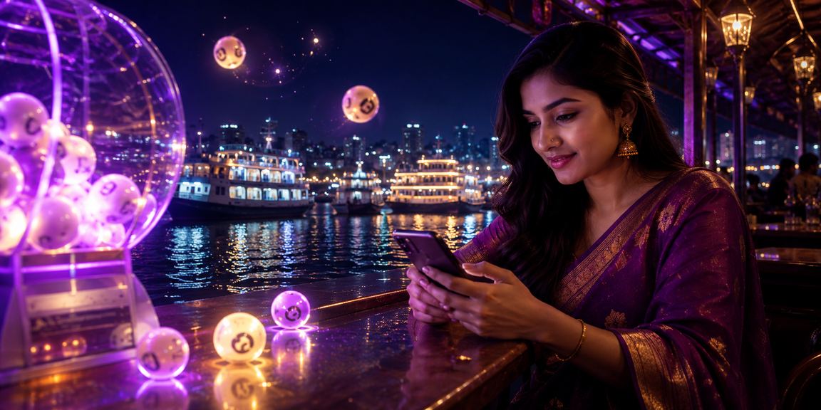 ঢাকায় অনলাইন লটারি খেলার দৃশ্য, রঙিন নীল ও গোলাপি আলোর মধ্যে